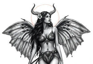 Hottest depiction of a starter the goddess of Love and war nude with see-through exotic lingerie at sunset with cherry blossoms with angel wings resembling a lunar moths also horns resembling antenna tattoo idea