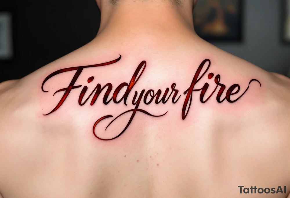 “Find your fire” in smoky red script, trailing into a stylized flame in rust and gold. tattoo idea