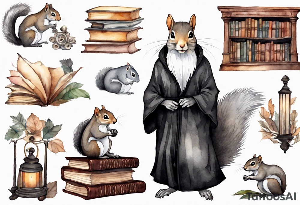 an elderly grey squirrel with a long beard wearing a black robe sitting in an ancient library tattoo idea