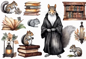 an elderly grey squirrel with a long beard wearing a black robe sitting in an ancient library tattoo idea