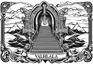 Valhalla sword shield axe 
stairs mist tattoo idea