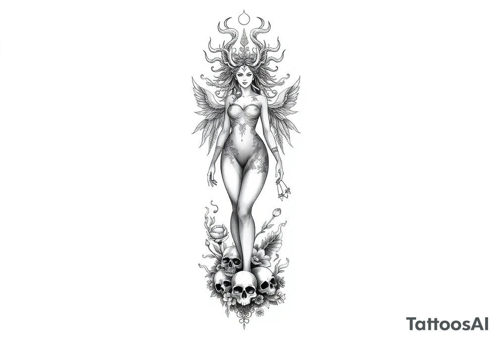 Ethereal Medusa standing. She is beautiful and feminine. She is a phoenix rising from fire and ash. Surrounded by flowers and standing around skulls. Incorporate the phoenix and fire into the Medusa tattoo idea
