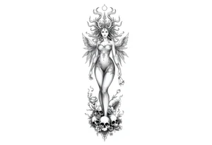 Ethereal Medusa standing. She is beautiful and feminine. She is a phoenix rising from fire and ash. Surrounded by flowers and standing around skulls. Incorporate the phoenix and fire into the Medusa tattoo idea
