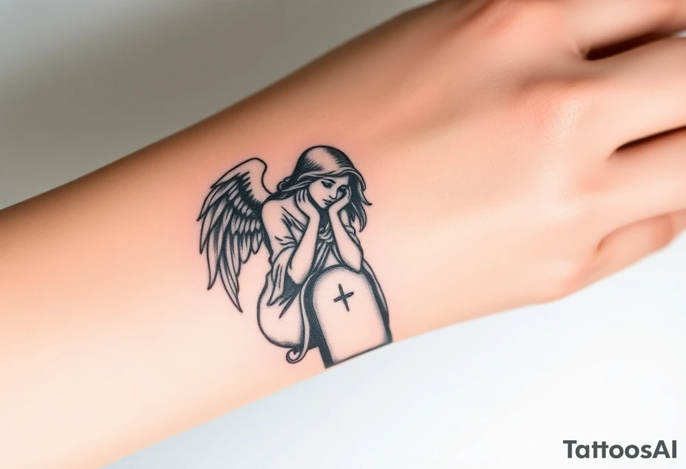 Beautiful woman angel crying on a tombstone tattoo idea