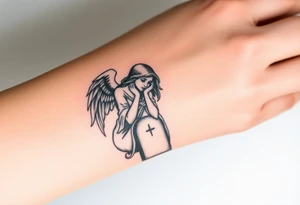 Beautiful woman angel crying on a tombstone tattoo idea