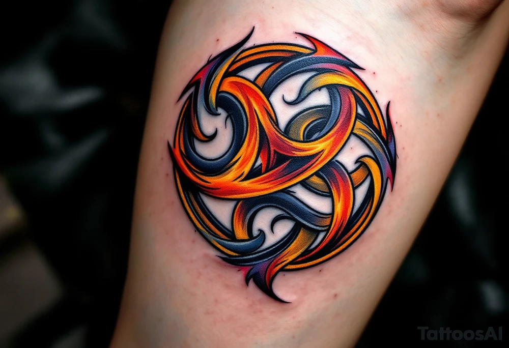 Celtic Spiral Triskele with Fire Colors
Three spirals swirling from a central point. Tattooed with fiery reds, oranges, and burnt yellow to represent energy and growth. tattoo idea