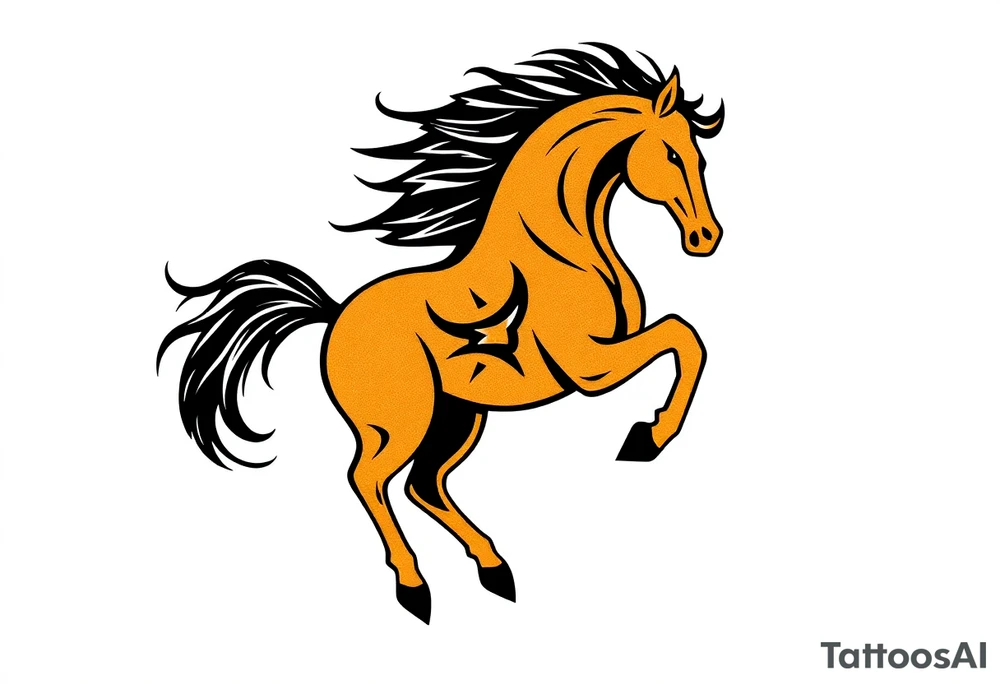 The tattoo represents a supernatural encounter with a golden horse with jet-black fur in the mountains of Choquequirao (Cusco, Peru). This mysterious, fleeting horse symbolizes strength, energy, and spiritual rebirth. It appeared at full speed, its hooves shaking the ground, its breath so powerful it drowned out all other sounds. The narrator felt no fear, only awe as the horse took a perfect curve, muscles tense, radiating power and grace. Its presence transformed the narrator, giving them the energy to complete an exhausting trek and leaving them with a profound connection to something greater. The tattoo aims to capture the essence of this moment: strength, speed, beauty, and the spirit of the mountain. tattoo idea