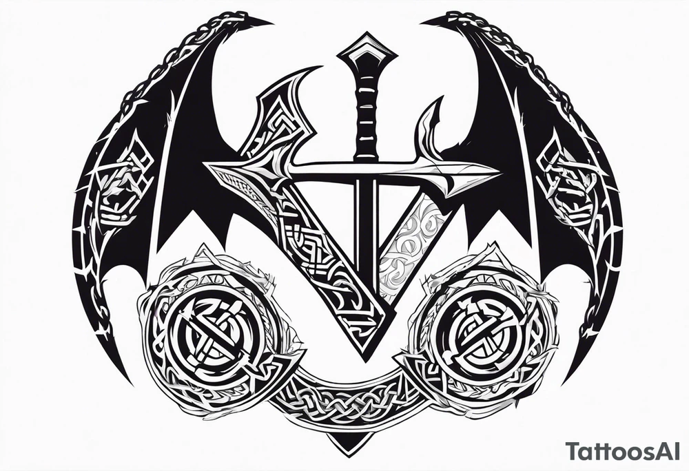 Valhalla sword shield dragon axe Valknut barbed wire chains tribal tattoo idea Valhalla sword shield dragon axe Valknut barbed wire chains tribal tattoo idea