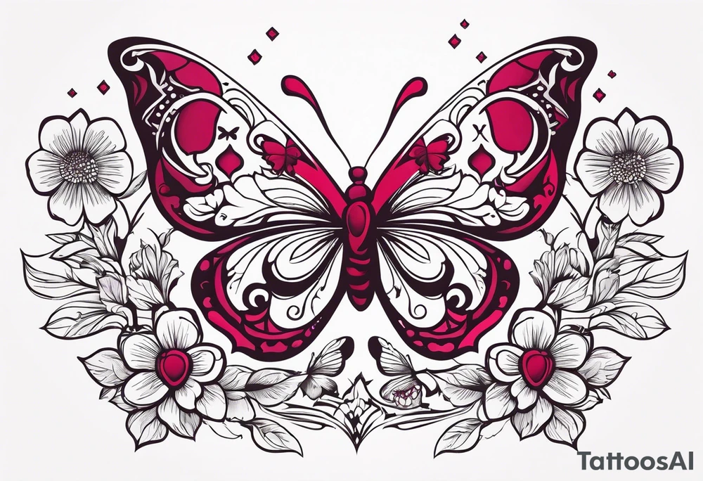 Flowers with Ruby and butterflies around it tattoo idea
