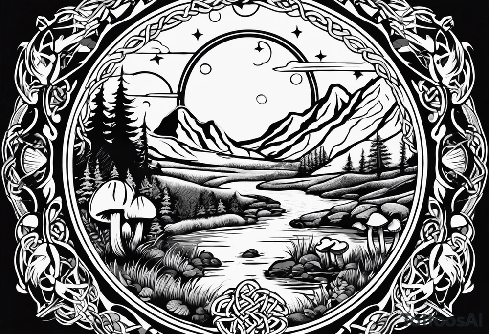 Whole picture encircled fully

Straight long blonde hair celestial girl in distance holding mushrooms in hand facing away toward mountains and creek surrounded by mushrooms long sleeve shirt and hiking pants; whole rendering within a full celtic circle border, no cut off circle tattoo idea