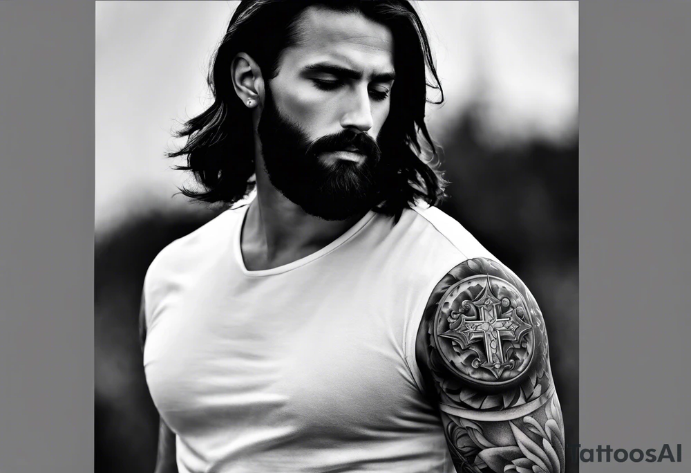 Catholic tattoo sleeve for a man. tattoo idea with Jesus on upper arm looking down tattoo idea