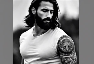 Catholic tattoo sleeve for a man. tattoo idea with Jesus on upper arm looking down tattoo idea
