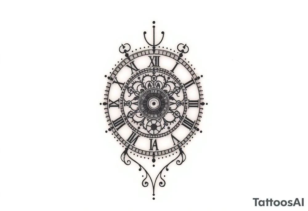 vintage roman numerals within ornate clockwork mechanism tattoo idea