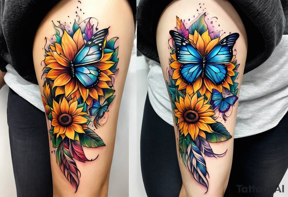 Quarter Leg sleeve with dreamcatcher, rainbow sunflowers and one butterfly tattoo idea
