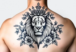 powerful majestic lion with a crown, surrounded by floral ornaments and birds tattoo idea