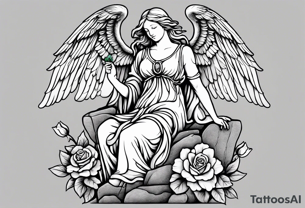 Simple Angel statue stood on a rock with daffodils and roses wrapped around its legs tattoo idea