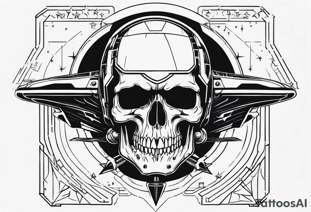 Powerful skull with an engine, also the dseign must be vertical. Also, the desing must be minimalistic not saturated. Remember the vertical proportion of the design. Within the design appears a spaceship with stars tattoo idea