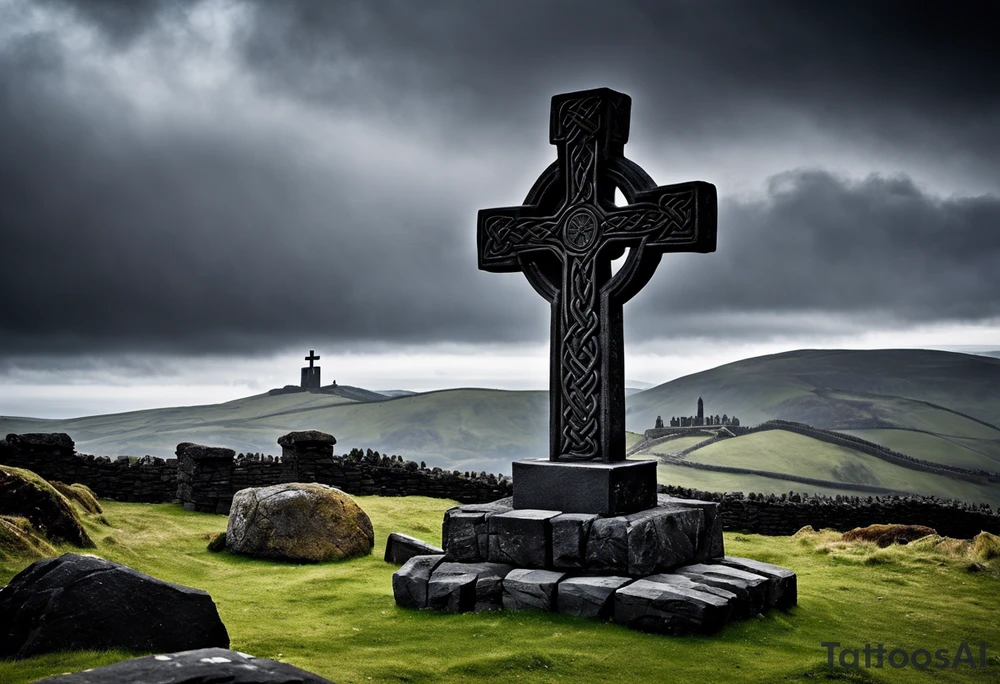 A monochromatic scene dominated by the presence of a massive, intricately carved stone Celtic cross standing tall and solemn atop a barren hill. The cross is crafted from black basalt, its arms stretching outward to form a crucifix adorned with intricate knotwork designs. At its base, the cross is surrounded by a circular pattern of interlocking circles, symbolizing eternity and the never-ending cycle of life and death. tattoo idea