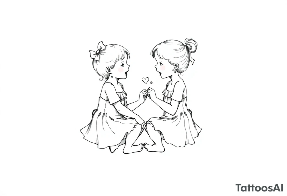 Zwei lachende kleine mädchen sitzen sich gegenüber eine hat einen Dutt die andere einen Zopf und sie berühren sich an den Fußsohlen seitenansicht tattoo idea