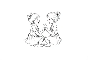 Zwei lachende kleine mädchen sitzen sich gegenüber eine hat einen Dutt die andere einen Zopf und sie berühren sich an den Fußsohlen seitenansicht tattoo idea