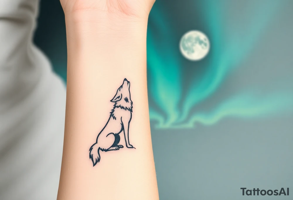 lone wolf howling at full moon with northern lights backdrop tattoo idea