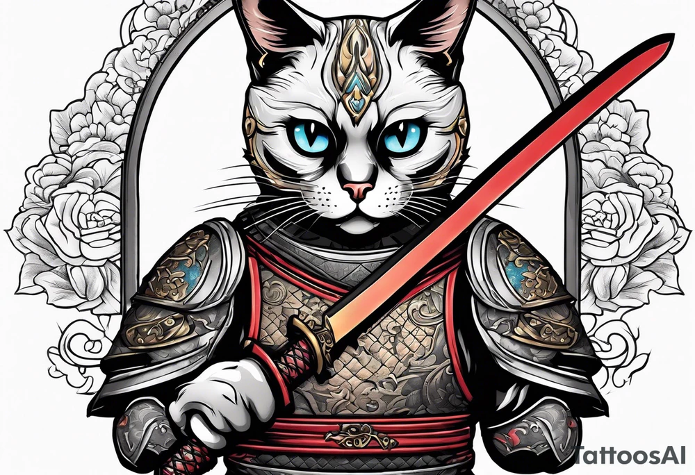 A siamese cat standing up wearing a ronin armor and holding a katana tattoo idea