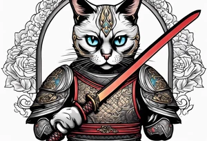 A siamese cat standing up wearing a ronin armor and holding a katana tattoo idea