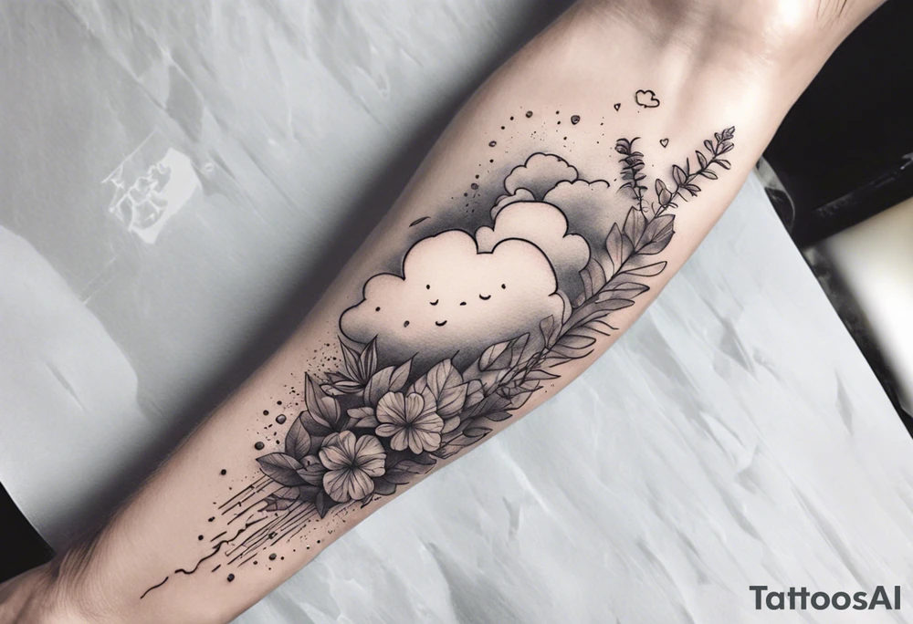 a forearm tattoo with a cloud with little plants and underneath it the date 12.08.05 tattoo idea