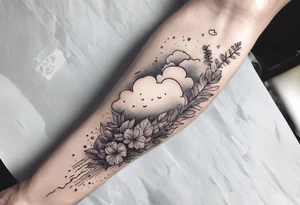 a forearm tattoo with a cloud with little plants and underneath it the date 12.08.05 tattoo idea