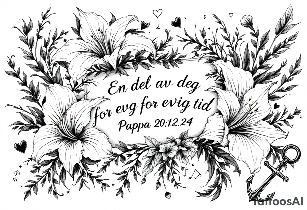 «En del av deg for evig tid
Pappa 20.12.24» Surrounded by long gladiolus, hearts, notes and an anchor tattoo idea