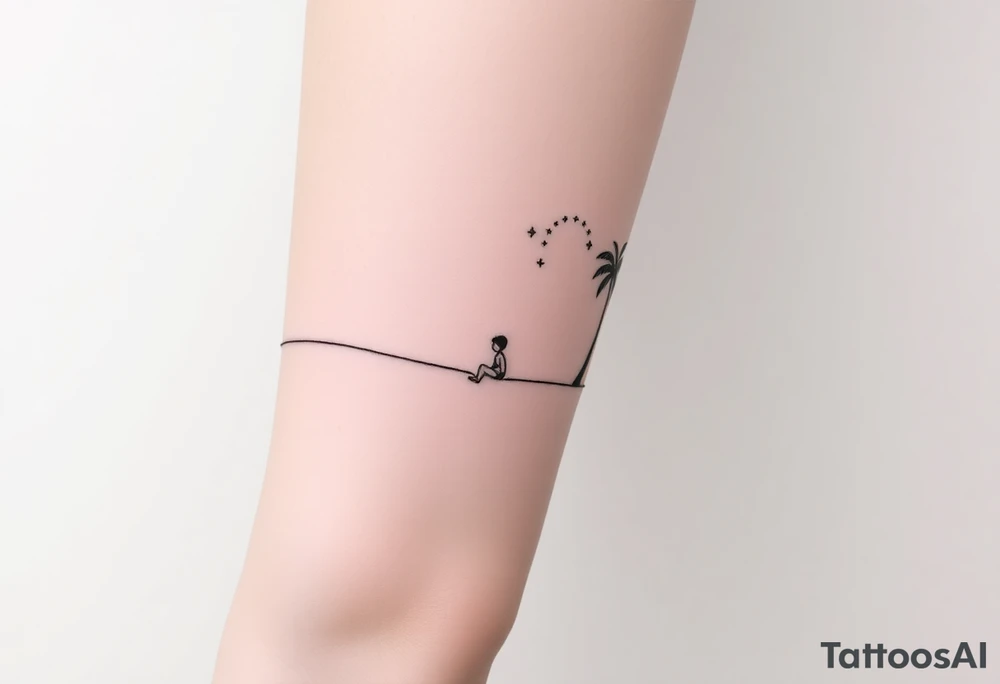 Create a minimalist tattoo design that wraps around the upper right arm, just below the armpit and above an existing blackwork sleeve.

Design Flow:

The tattoo is connected by a thin, continuous line that wraps around the arm.

On the outer/front arm, place a small, minimal walking figure on the line, moving forward. The line should have a gentle wave under his steps to create movement.

The line continues to the inner arm, where a boy is sitting on the line (with his back to the viewer, legs dangling below the line).

To the right of the boy, place a slightly leaning palm tree growing from the line.

Behind or beside the tree, include a minimal sun, low on the horizon (simple circle or half-sun).

In the space above, softly scatter minimalist stars, mostly dots, with 2–3 sparkles or tiny diamond shapes.

Style Notes:

Keep everything in fine line / minimalist style, no heavy shading

Design should feel light, dreamy, and reflective — symbolizing balance between stillness and motion

Line should echo the flow of the existing tribal/blackwork arm band below, but not mimic or clash with it

The boy should sit directly under the palm and with the back to the viewer and the feet hanging from the line. can you make the boy closer to the palm and with the back to the viewer? tattoo idea