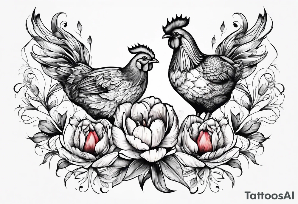 Delicate tulip and tiny chicken tattoo idea