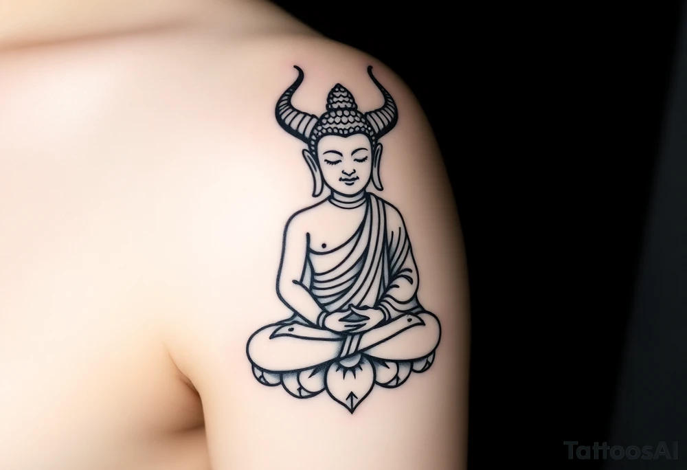 "Minimalist black tattoo of Buddha with small horns and a tail sitting in lotus pose. Clean line art, no shading.  

Key details:  
- Horns: Curved like a ram’s (2-3 cm)  
- Tail: Thin and pointed, curling slightly (like a devil’s tail)  
- Face: Serene, eyes closed, slight smile  
- Style: Bold outlines, dotwork for texture  

Placement: Forearm, 8-10 cm tall." tattoo idea