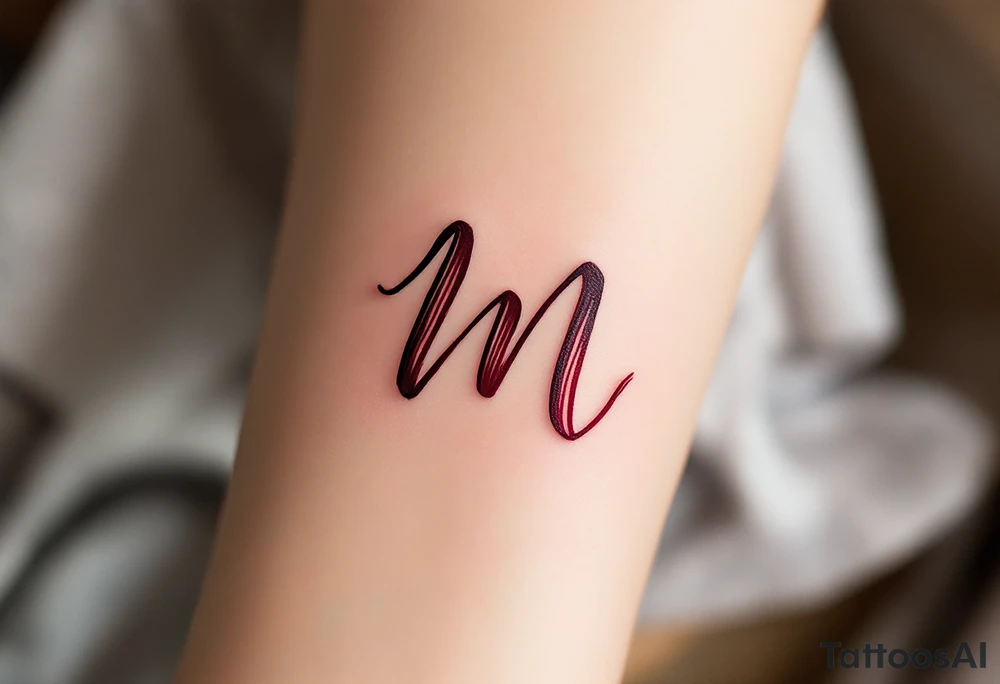 A brush-style "M" in burgundy red, looking bold and spontaneous. tattoo idea