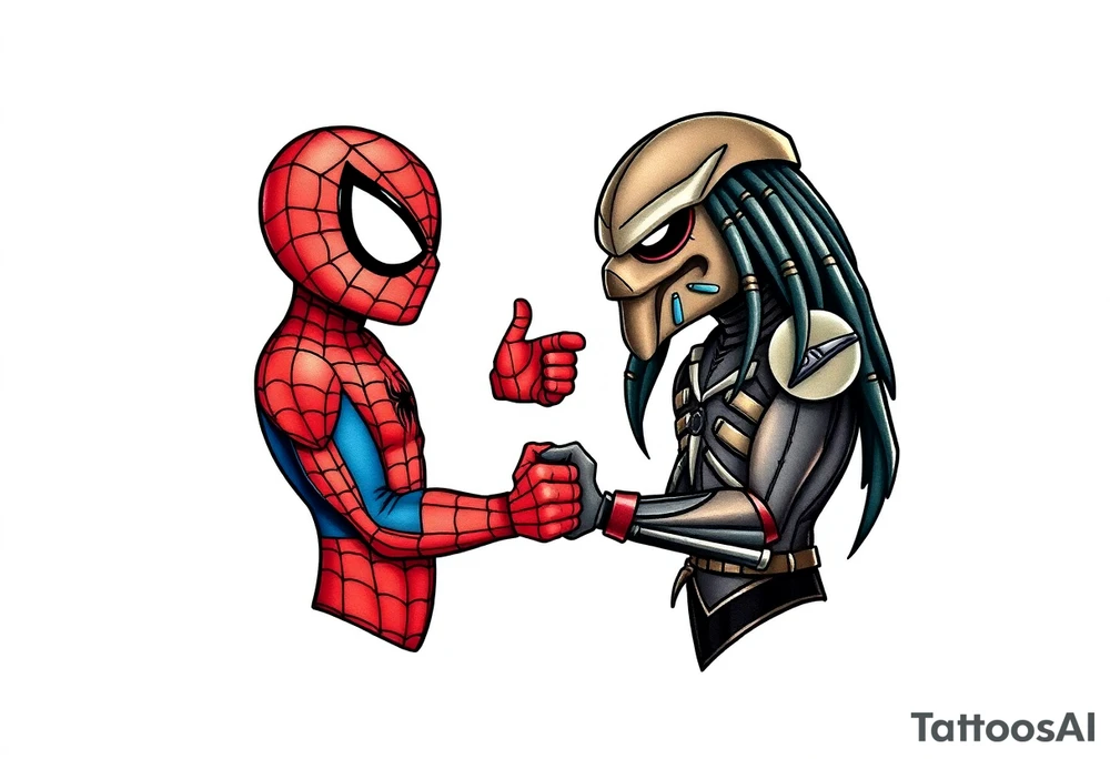 Spider-man and elmo meeting and doing the predator handshake tattoo idea