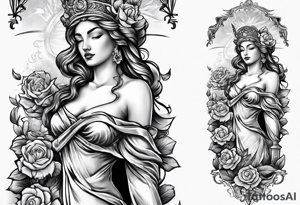 Sleeve with lady justice and flowers tattoo idea