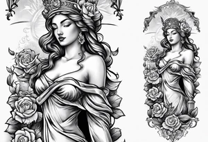 Sleeve with lady justice and flowers tattoo idea