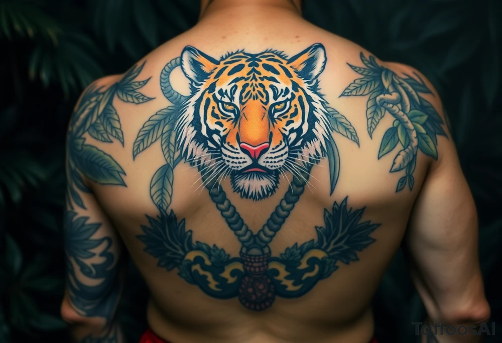 Bengal tiger wearing Muay Thai attire as a person would. The surrounding area is jungle tattoo idea