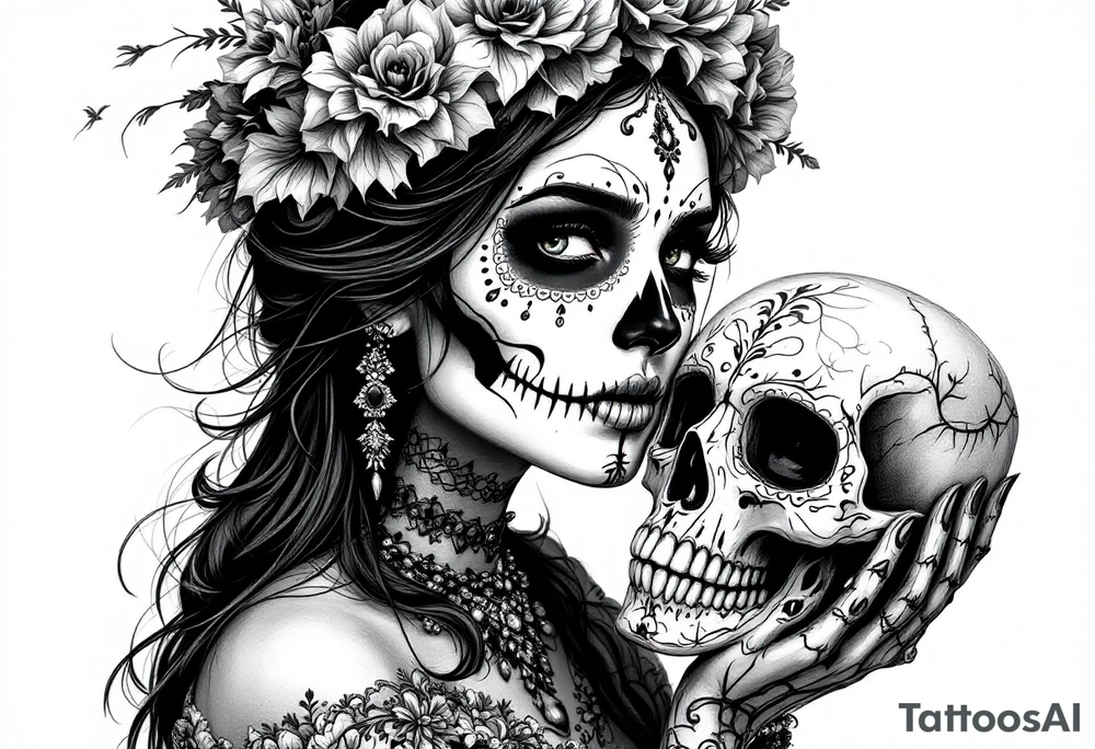 Mexican lady of the dead holding a skull to her face tattoo idea