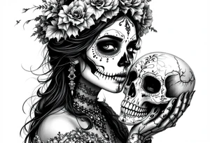 Mexican lady of the dead holding a skull to her face tattoo idea