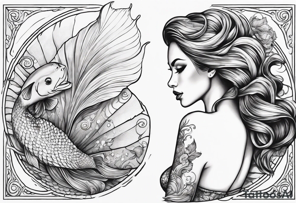 Draw a mermaid body with nice long fish tail with a shell bra tattoo idea