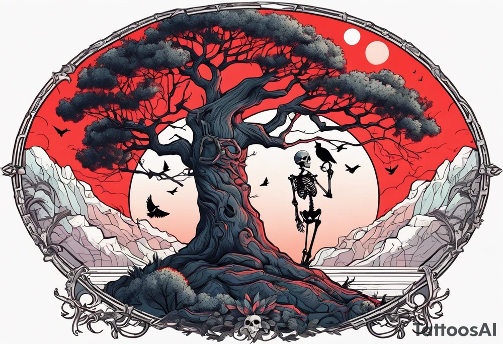 An ancient tree with a skeleton hanging on it. A joker and a skeleton in armor are chained near the tree. A red sun shines above the tree, and skeletons of birds fly tattoo idea