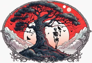 An ancient tree with a skeleton hanging on it. A joker and a skeleton in armor are chained near the tree. A red sun shines above the tree, and skeletons of birds fly tattoo idea