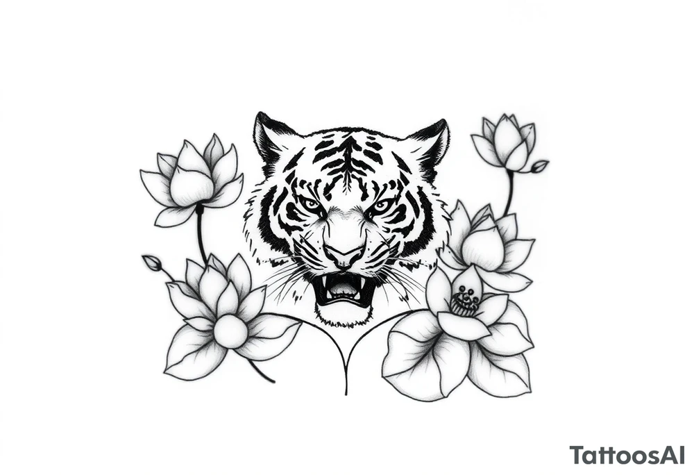fierce tiger emerging through blooming lotus flowers in mist tattoo idea