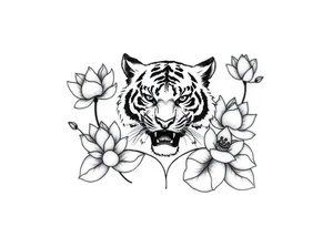 fierce tiger emerging through blooming lotus flowers in mist tattoo idea