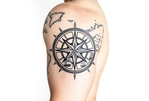 antique compass rose overlaid on weathered world map with sailing ships tattoo idea