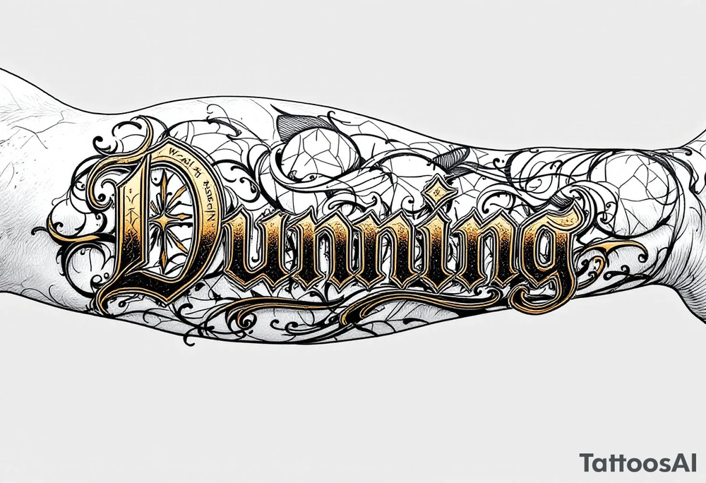 Dunning, details include bold strong font, gold highlights, theme of wealth and angels tattoo idea