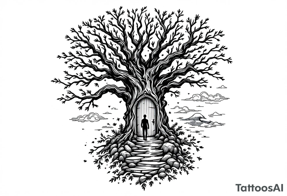 Back tattoo of a big tree with a door and a man walking through the door. On the right side of the tree draw some lines like a treasure map and water waves. On the left side draw some flame clouds tattoo idea