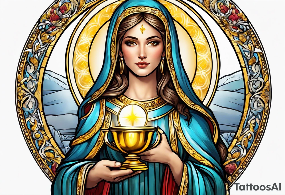 holy saint woman with golden halo holding a chalice tattoo idea