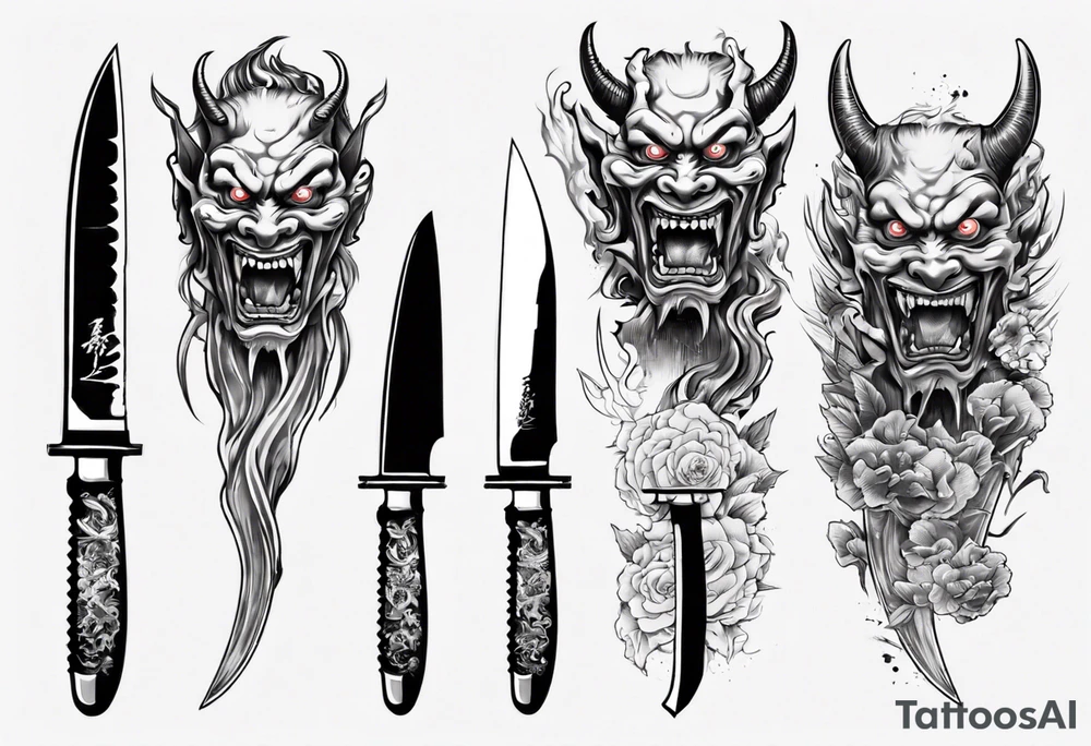 Knife with Japanese demon coming out of the blade tattoo idea